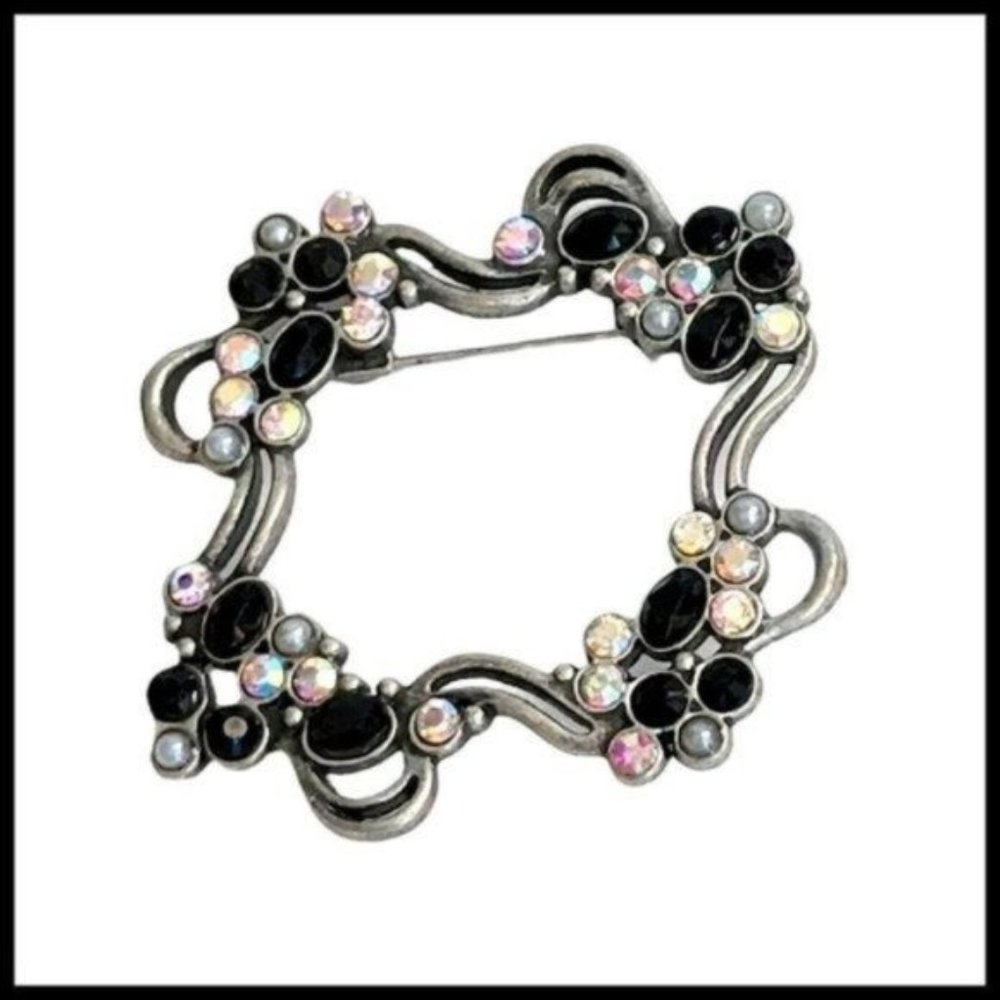 Vintage Victorian Style Brooch Frame Pearl Aurora Borealis Black‎ Rhinestone